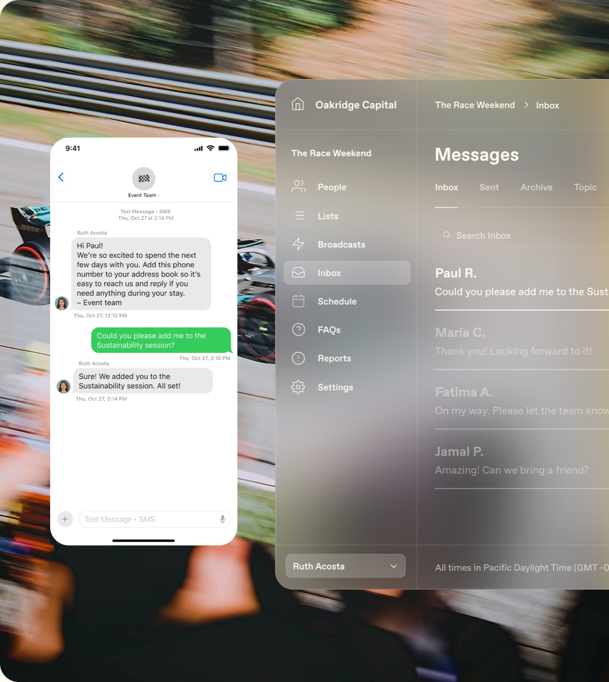 Inbox dashboard and guest chat thread over a racetrack