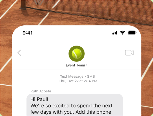 Text message thread with the event team